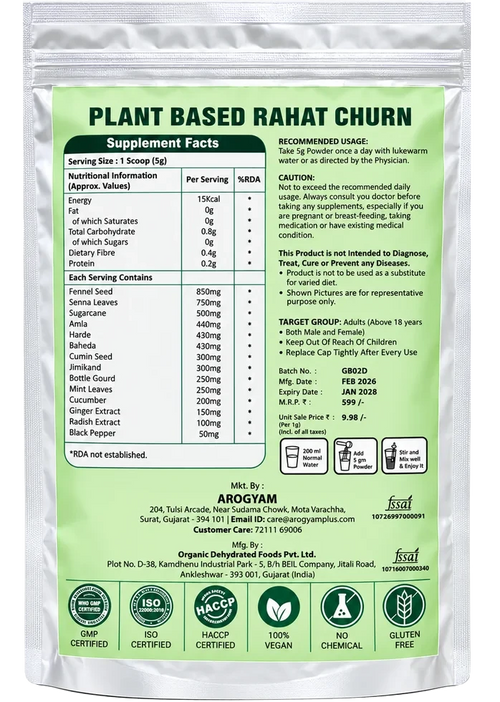 Niroza Plant-Based Digest Powder pouch, back label with ingredients